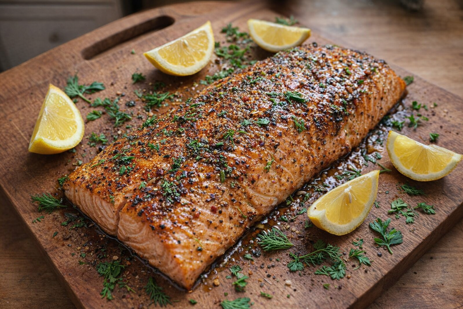 An overhead shot of a perfectly cooked salmon fillet, glistening with a glaze of herbs and spices, resting on a wooden cutting board with scattered fresh herbs and lemon wedges